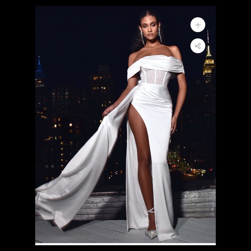Norma White Off Shoulder Crystallized Corset Satin Gown